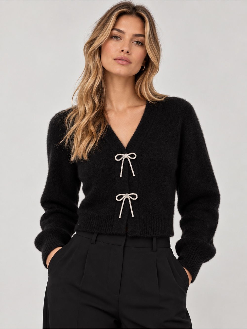 💎 H&M Black Rhinestone Bow Plush Knit Cropped Cardigan M